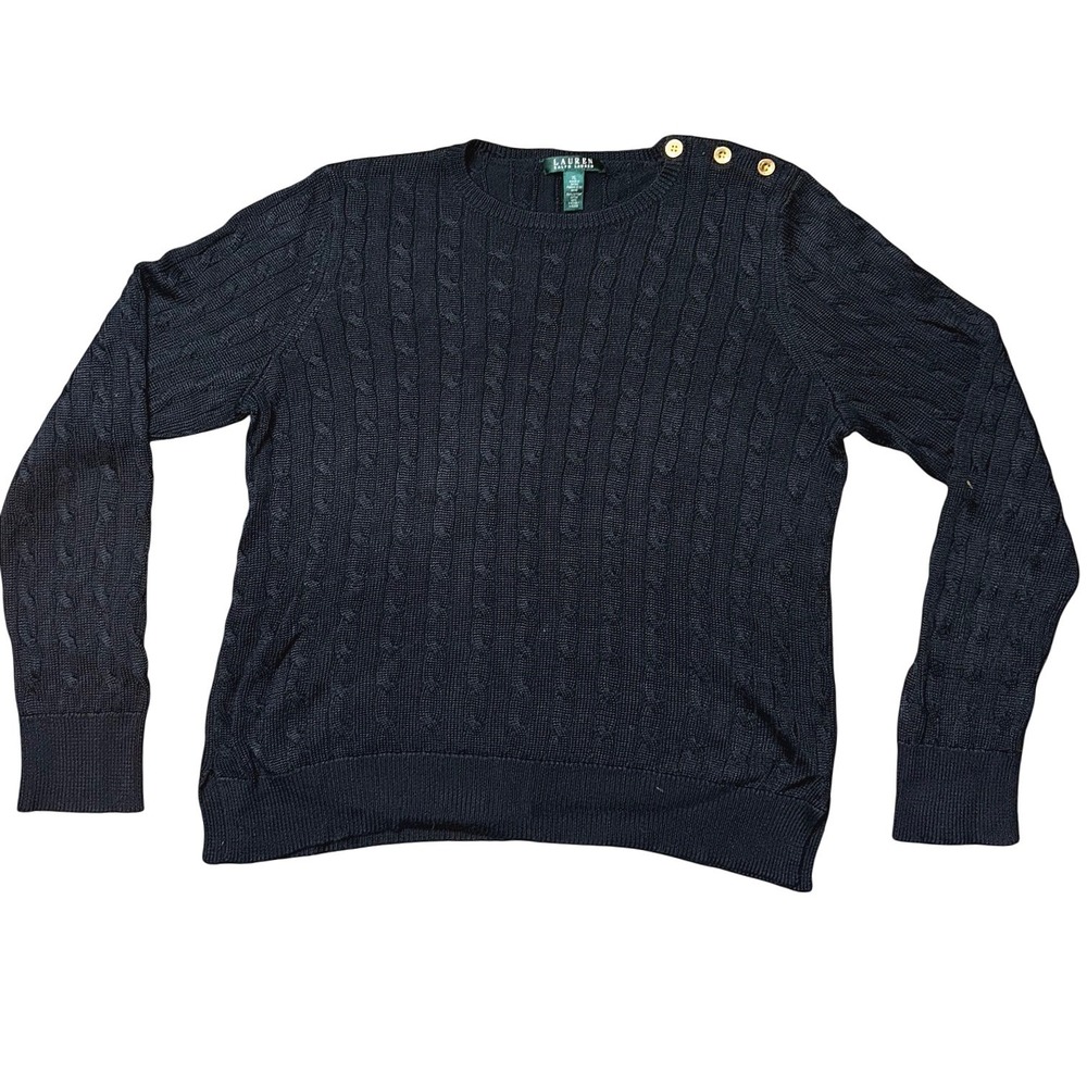 Lauren Ralph Lauren Black‎ Cable Knit Shoulder Button Sweater Womens XL